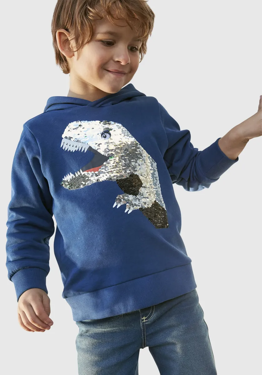 KIDSWORLD толстовка с капюшоном "с большим динозавром из двусторонних пайеток", синий — фото 4