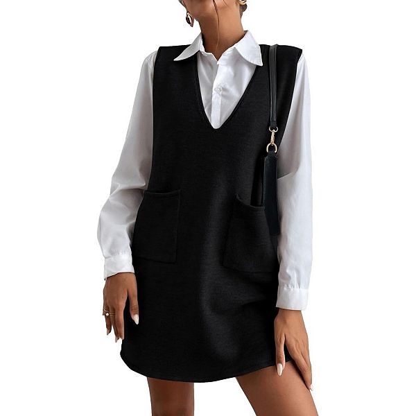 

Женское оверсайз платье-свитер с V-образным вырезом и карманами Yesfashion, Black