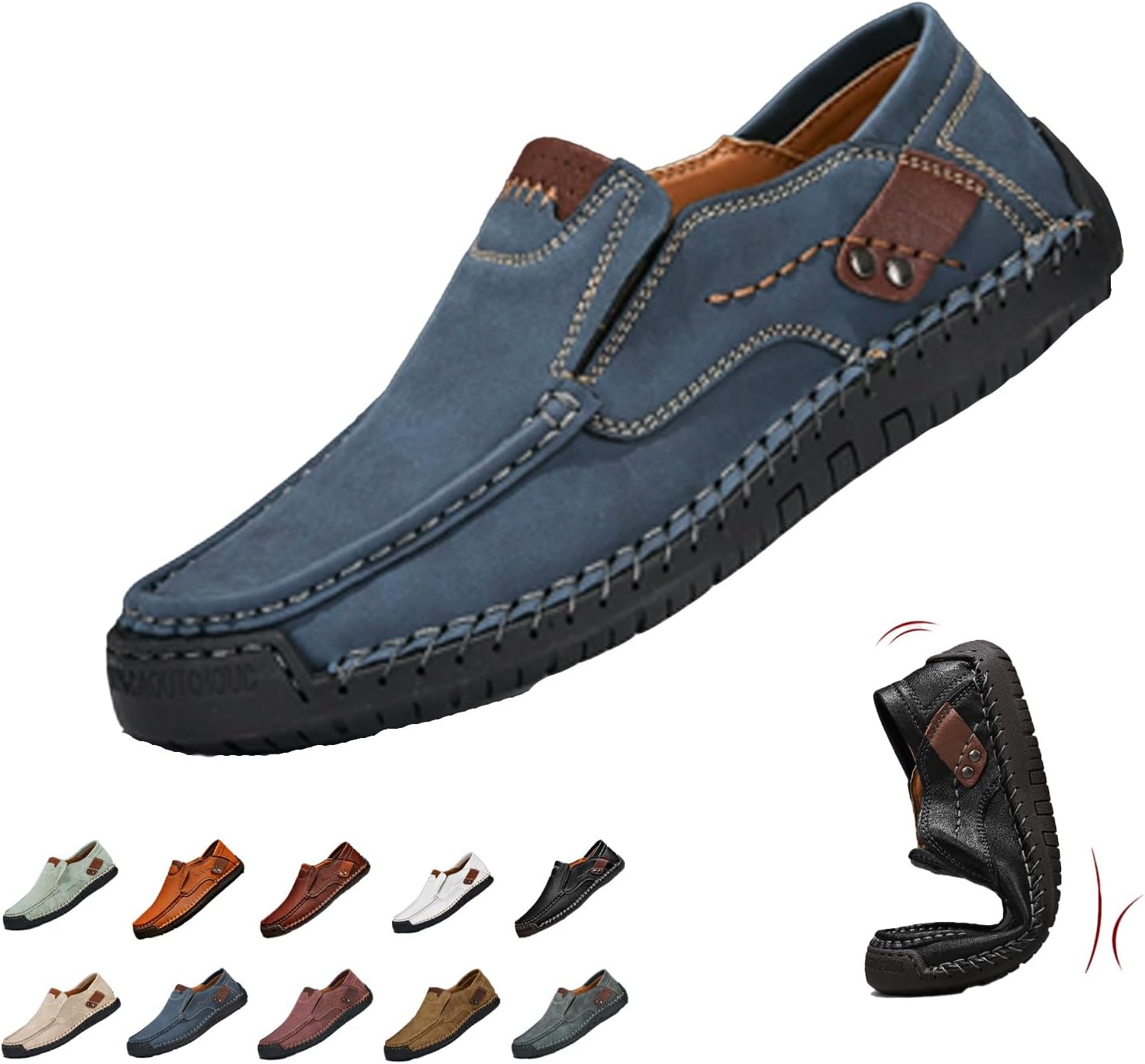 

Мужские вручную изготовленные мокасины из натуральной кожи, водонепроницаемые, без шнуровки, ортопедические прогулочные туфли, водительские мокасины Ghtrhsb, синий