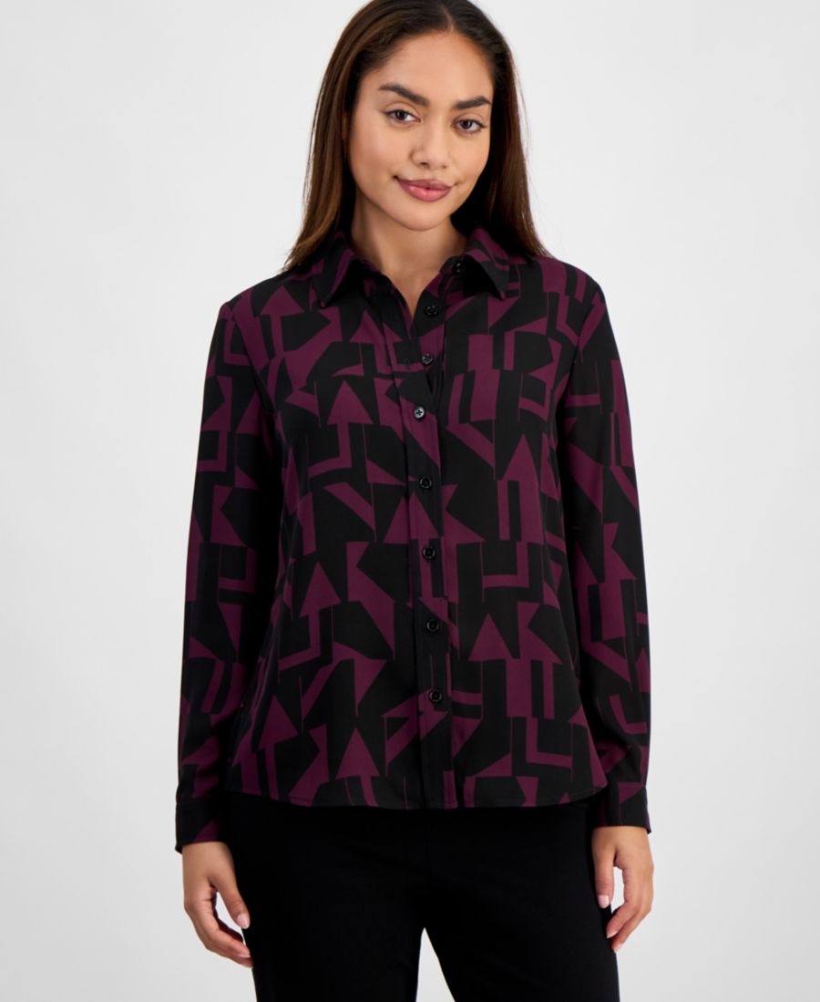 

Рубашка с геометрическим принтом для невысоких девушек AK Anne Klein, Anne Blk/deep Plum