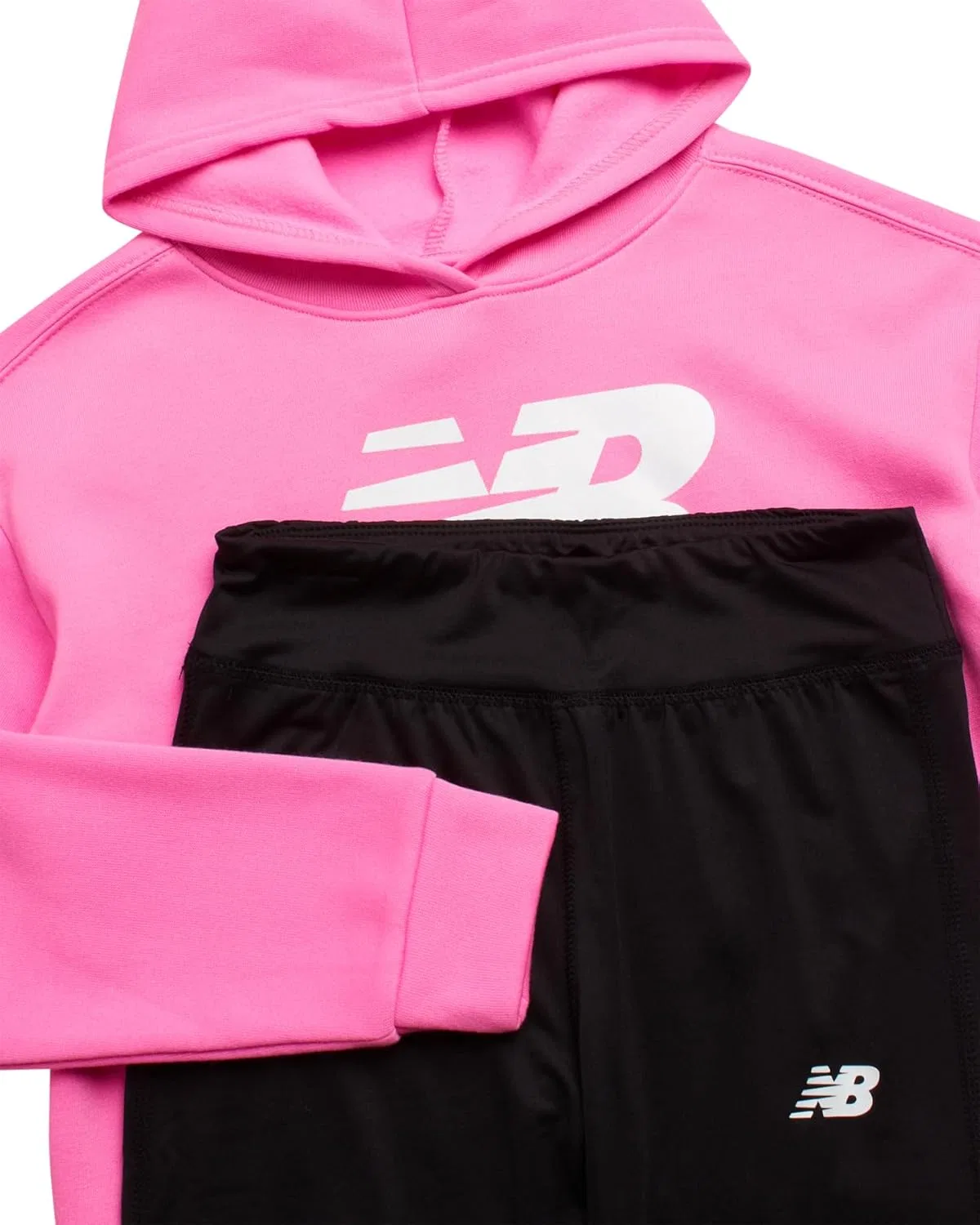 Комплект леггинсов New Balance для девочек - 2 предмета: пуловер, толстовка с капюшоном и спортивные леггинсы, детский спортивный костюм (7-12 лет), Vibrant Pink Black — фото 2