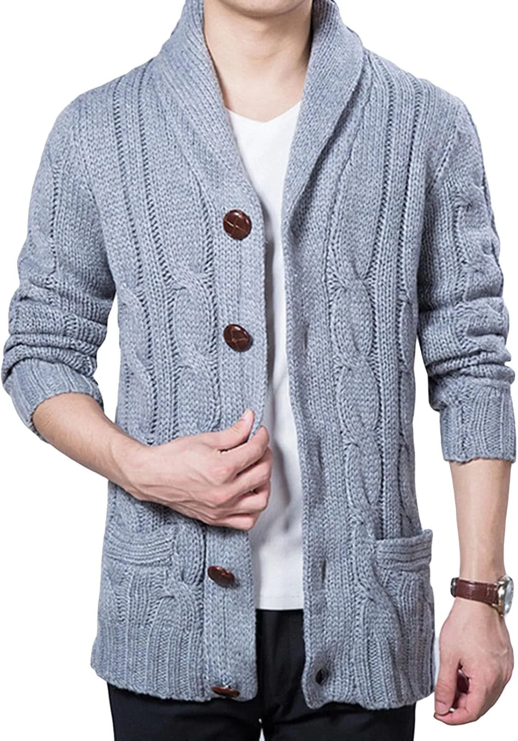 

JEsilunmaMY мужской кардиган с кабельной вязкой и воротником-шалью, свободный, с карманами