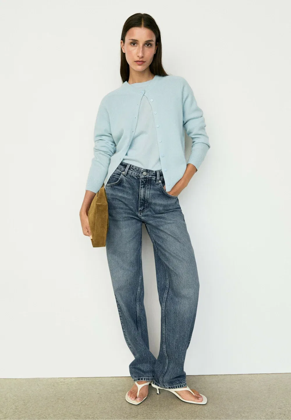Укороченный вязаный кардиган из 100% кашемира - кардиган Massimo Dutti, Light Blue — фото 4