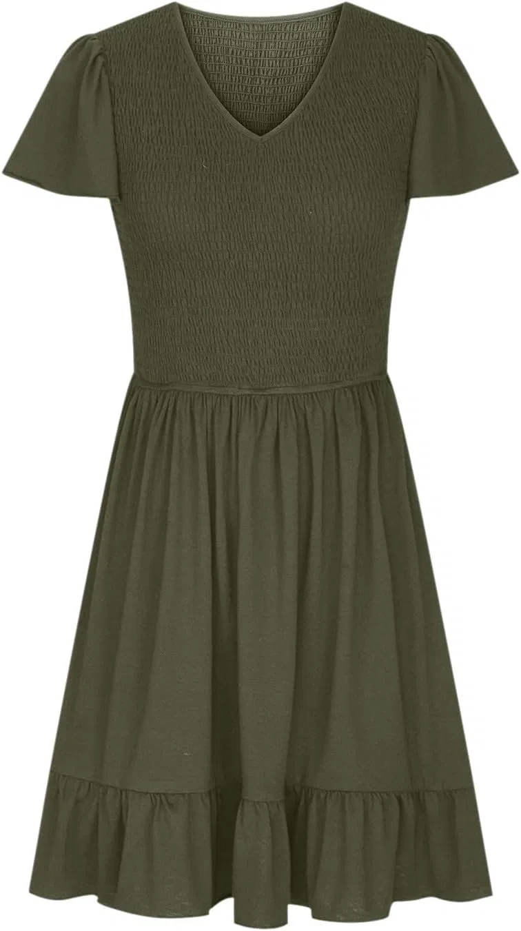 Женское летнее платье с рюшами, коротким рукавом и декольте лодочкой, Smocked Elastic Waist Tiered, Army Green — фото 4
