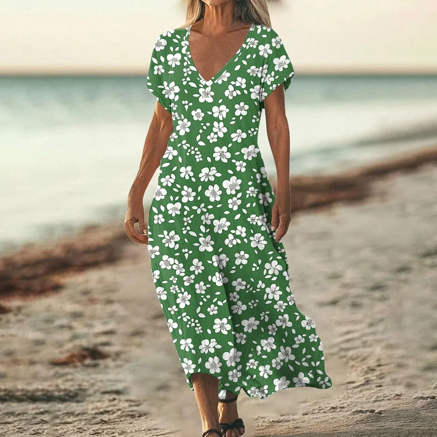 Женское макси-платье с V-образным вырезом Cotton Linen, Green — фото 2