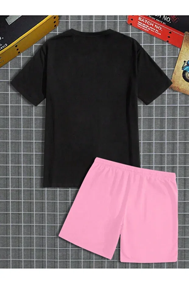 Детский комплект шорт и футболки с принтом Unisex women/men 23chicago custom printed shorts t-shirt set Revasser, Black-Pink — фото 3