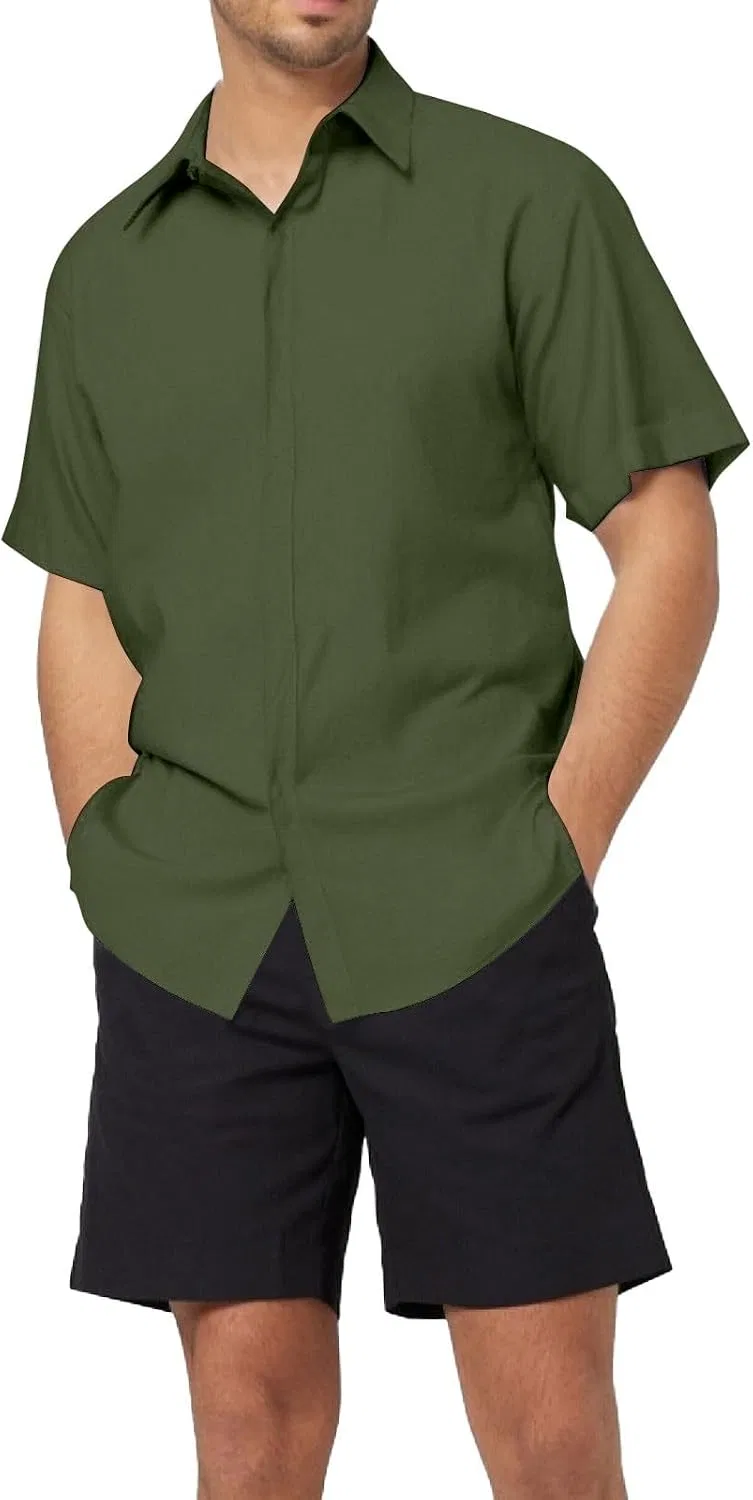 Мужская рубашка с коротким рукавом, хлопковая, B- Army Green — фото 2