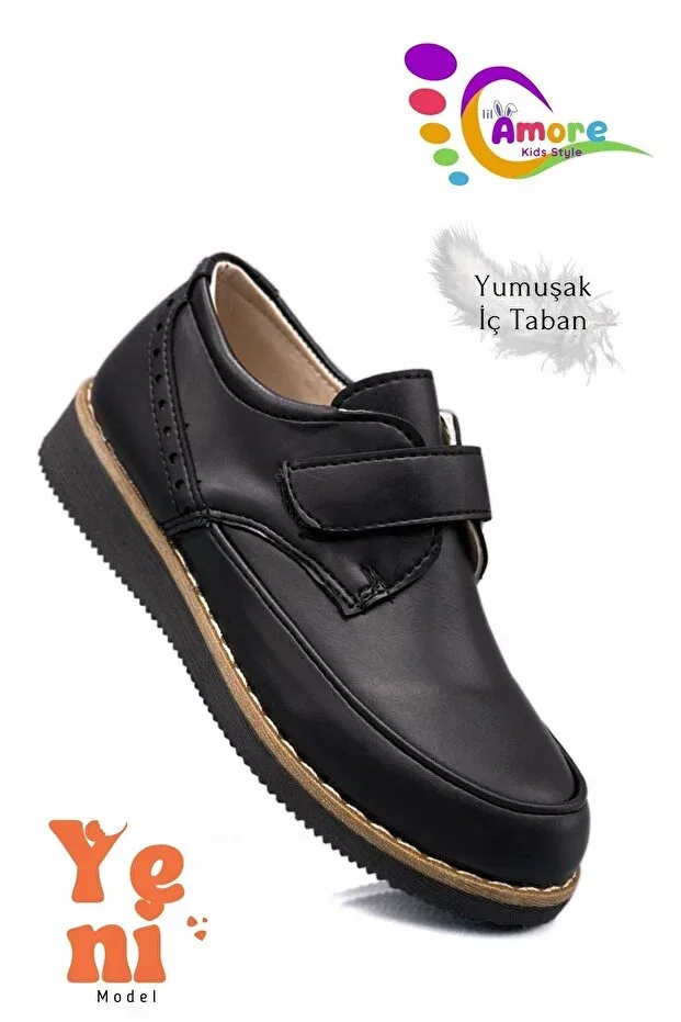 Детские туфли для мальчиков с липучкой Classic Model Matte Black Moda Anna, Matte Black