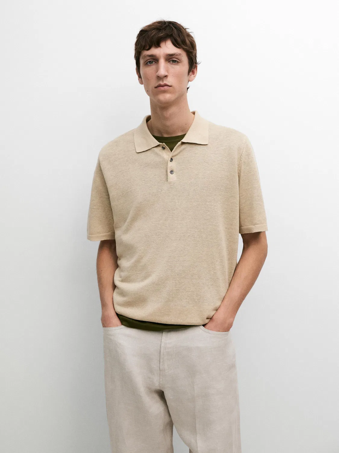 Вязаный льняной свитер-поло Massimo Dutti, бежевый — фото 2