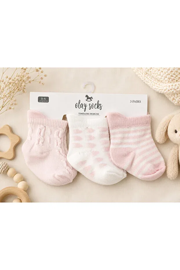 Детские носки для новорожденных хлопковые набор 3 шт Basics Olay, Pink - White