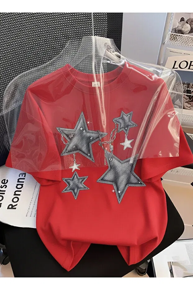 Детская футболка с принтом для девочек Y2K Aesthetic Denim Star Let'S Wear, Red