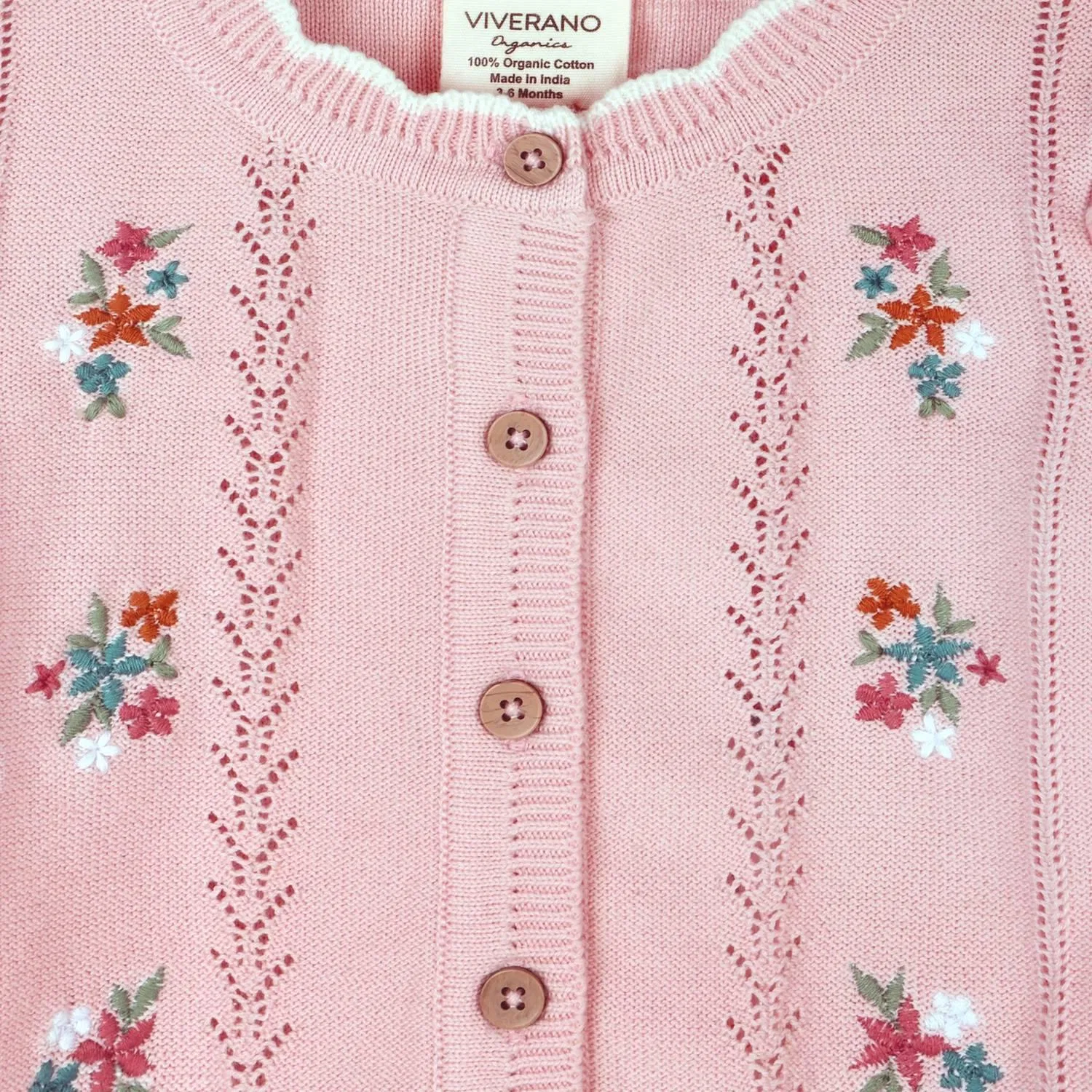 Детский кардиган для девочек с вышивкой цветов Bouquet Embroidered VIVERANO Organics, розовый — фото 2