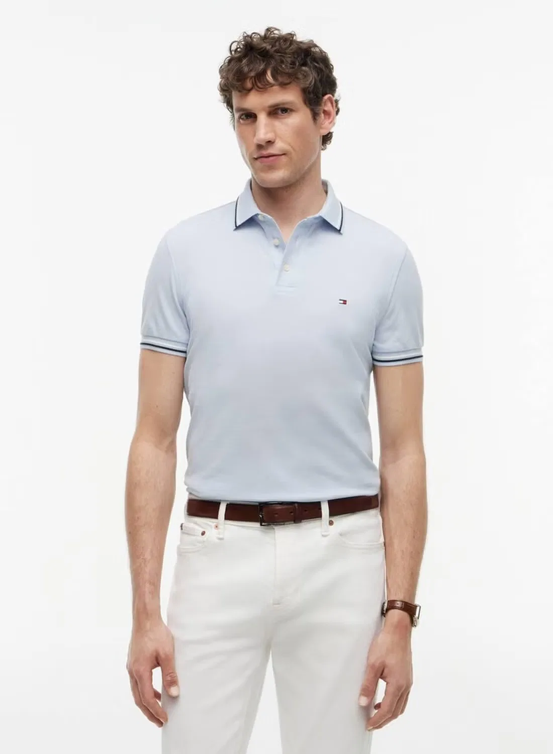 Поло с контрастной отделкой хлопковое Slim fit tipped pique Tommy Hilfiger, голубой