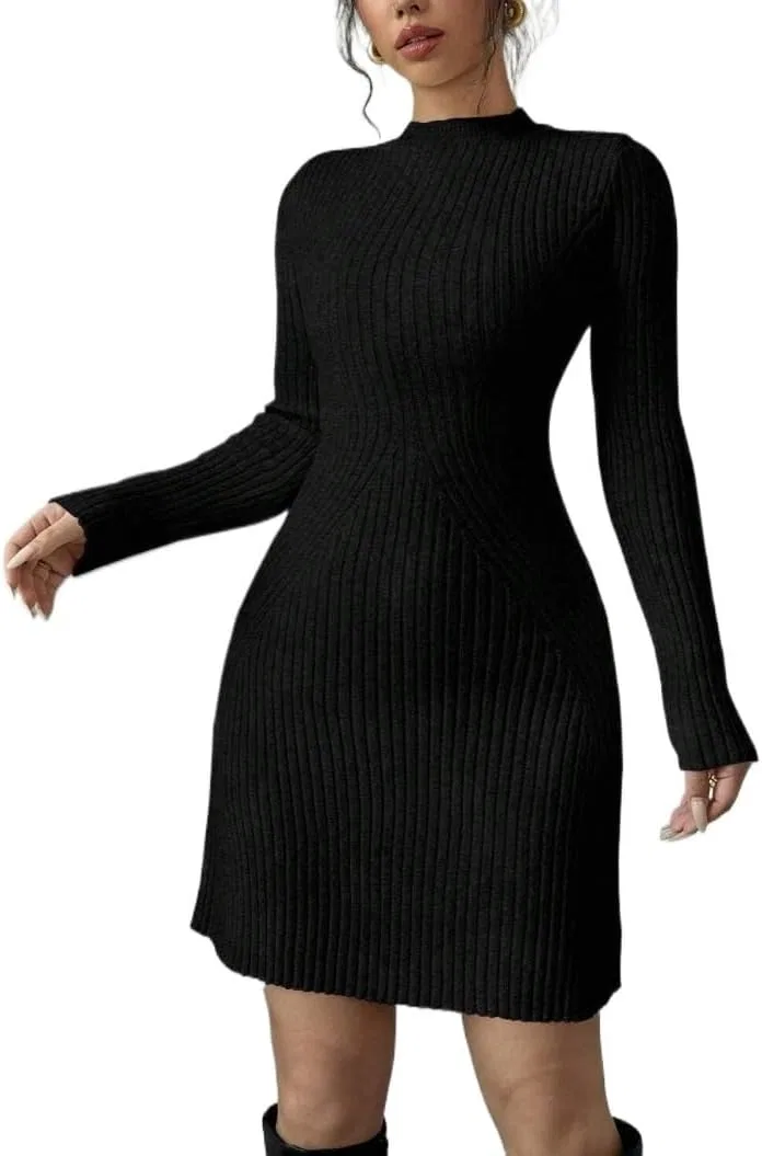 Женское короткое облегающее платье из рибаны с длинным рукавом, Black