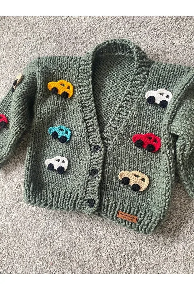 Детский кардиган для мальчиков с принтом Hand knitted boy's cardigan with car detail Nevalin, Green — фото 3