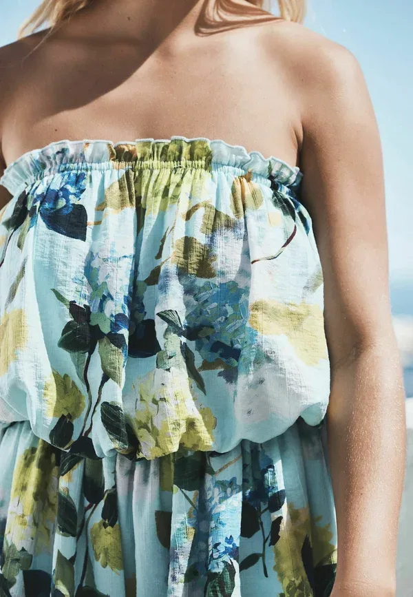 Комбинезон с цветочным принтом Tall fit - bandeau bubble hem playsuit, Next, Aqua Blue Lime Floral, бирюзовый — фото 3