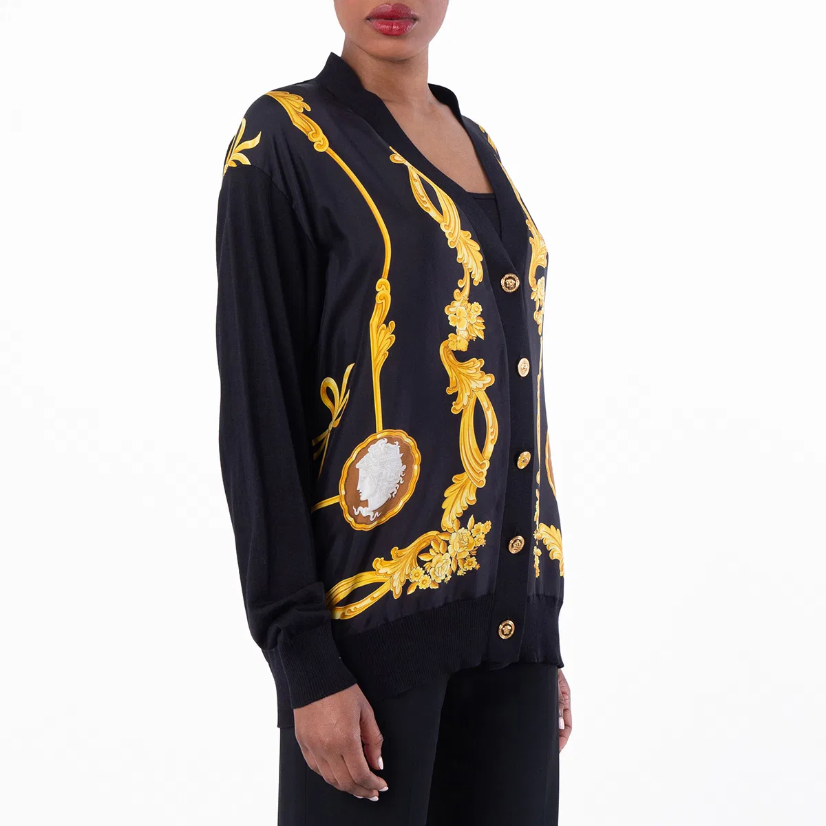 Кардиган женский с принтом Baroque V-образным вырезом Versace, Black/Gold — фото 2