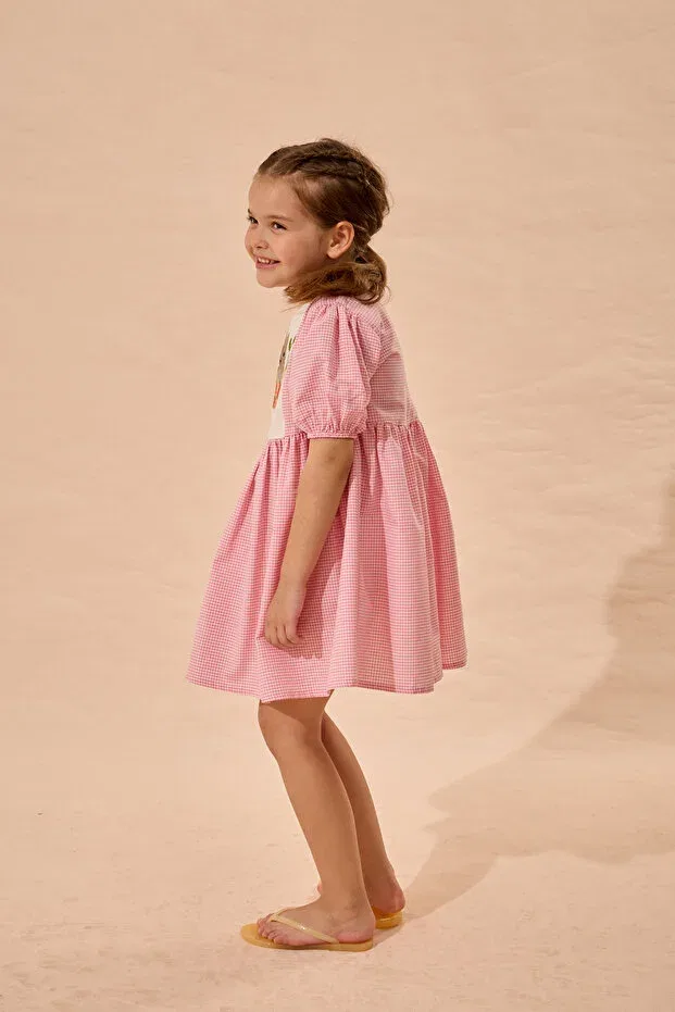 Детское платье для девочек с коротким рукавом Rabbit Embroidered Gingham Dress Fahhar Kids, Pink — фото 3