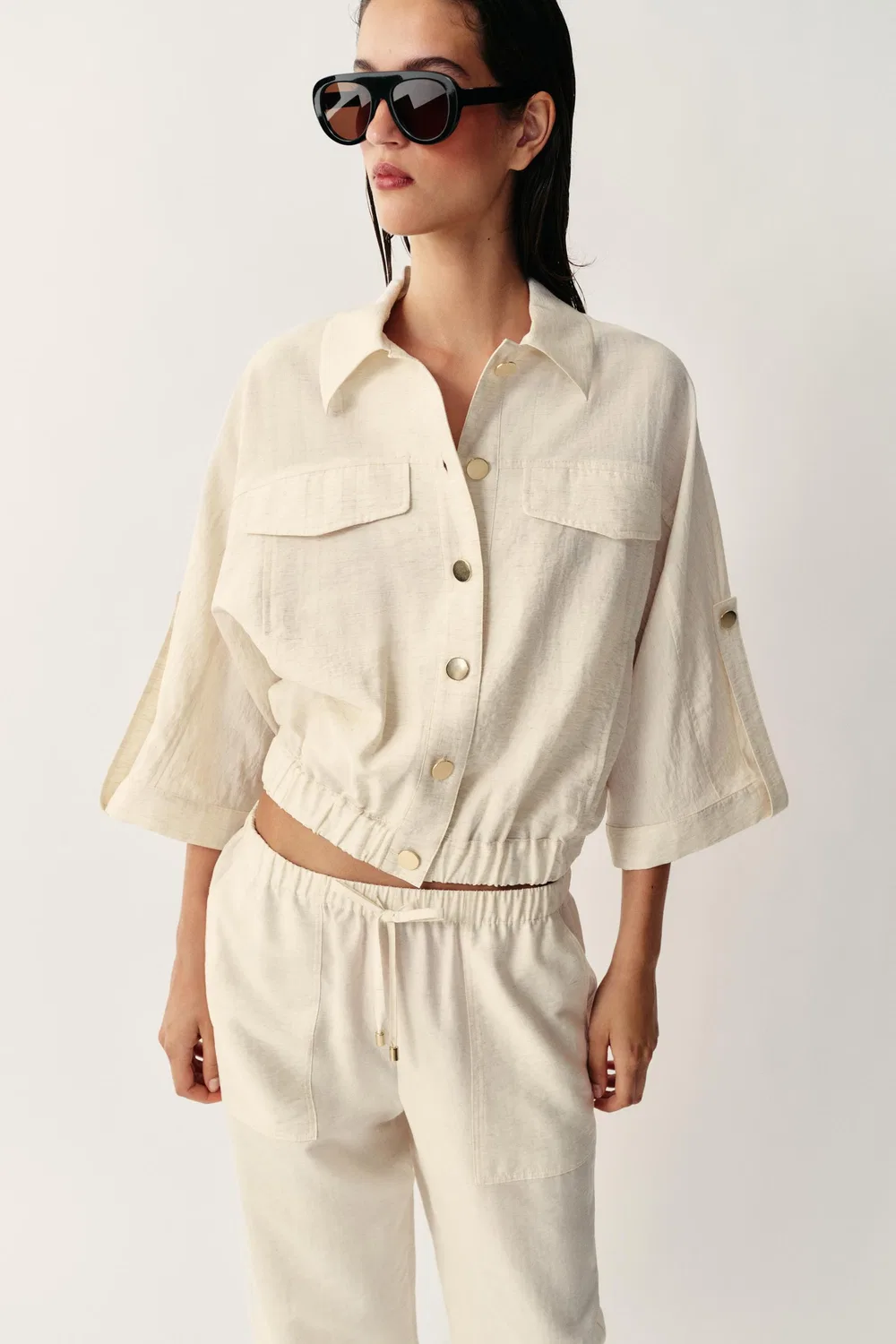 Блузка в стиле сафари с отворотами на рукавах ZARA, Light beige — фото 2