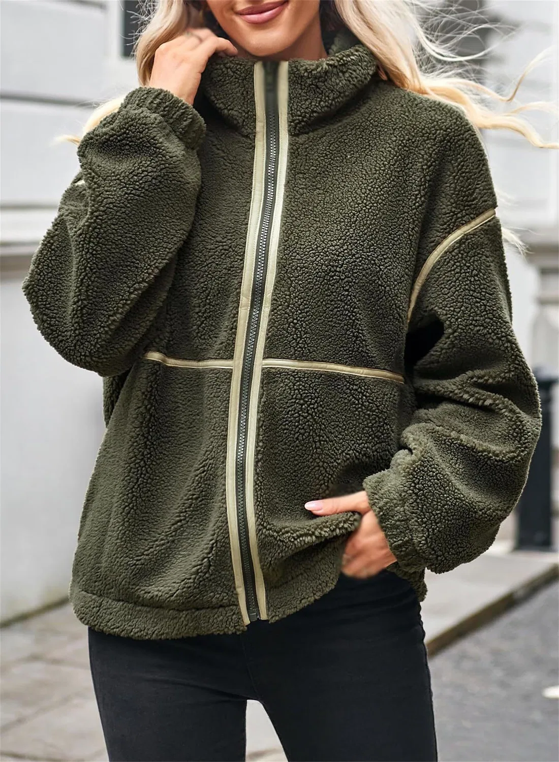 Женское пальто оверсайз с флисом и молнией, Nero — фото 2