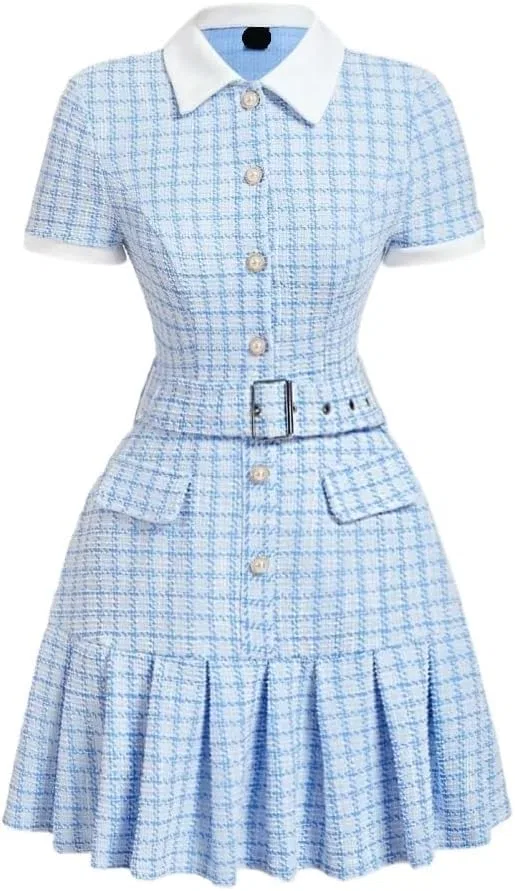 Женское мини-платье рубашка с плиссе и воланами, Blue and White