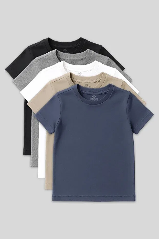 Детский комплект футболок с коротким рукавом Standard fit basic o-neck 5-pack unisex kids t-shirt Tommy Life, White-Beige-Anthracite-Gb Blend-Dark Blue