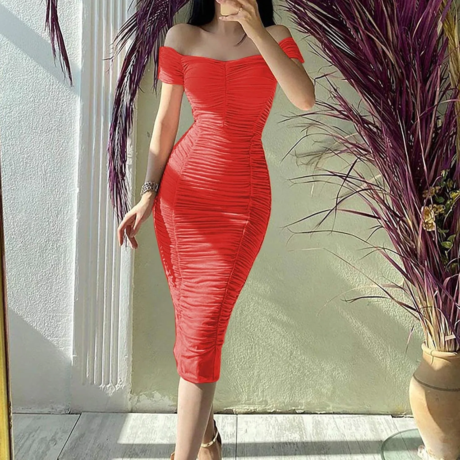 Женское коктейльное платье с открытыми плечами Bodycon, Red — фото 2