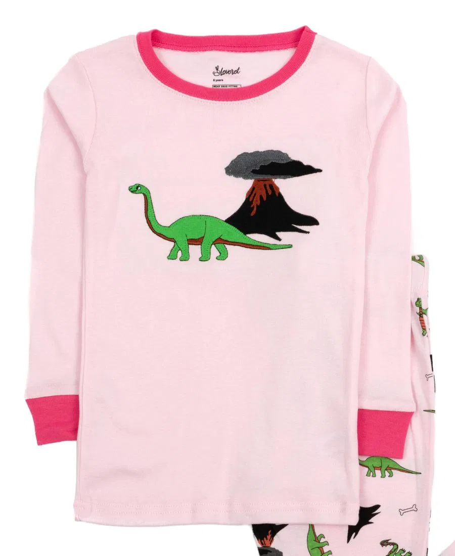 Детское пижамное комплект для девочек с длинным рукавом с принтом Dinosaur Light Pink Leveret, Цвет Dinosaur Light Pink — фото 3