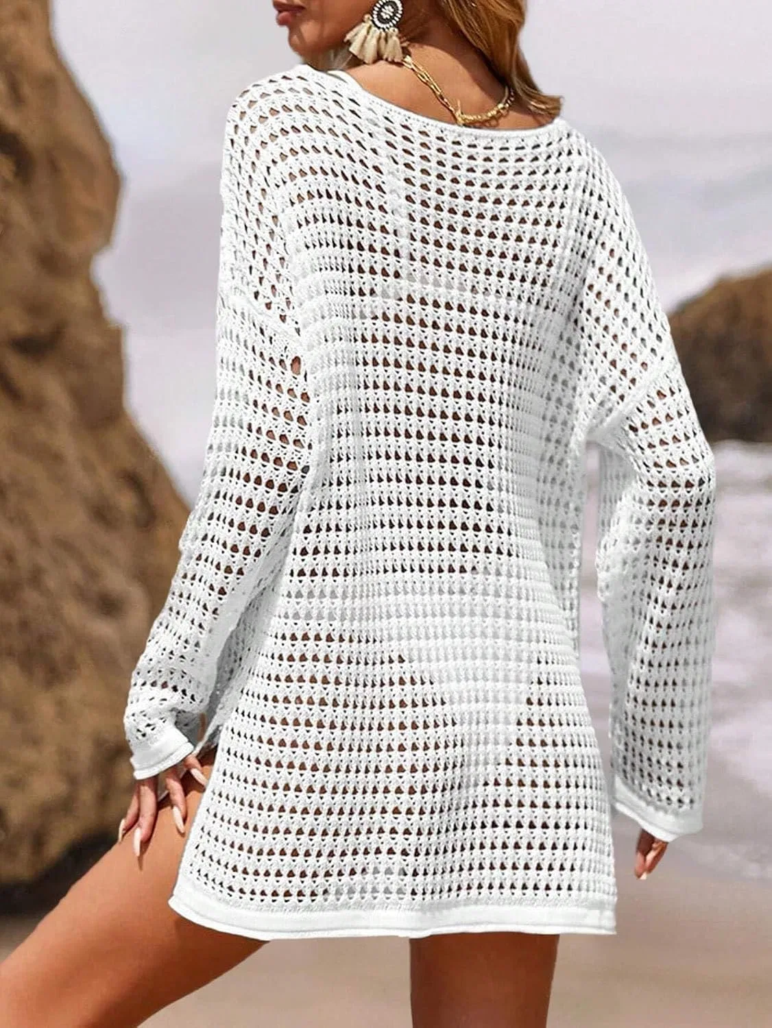 Женский пляжный кардиган свободного кроя Drop Shoulder, White — фото 4