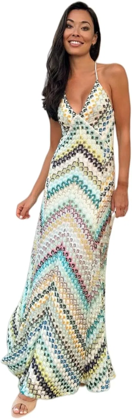 Женское макси-платье с открытой спиной Color Block Printed, Green and Blue