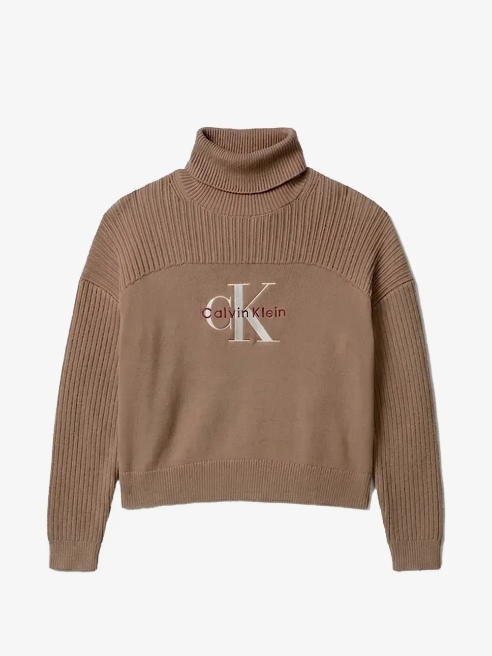 Джемпер с высоким воротником и вышитым логотипом Calvin Klein Kids, бежевый