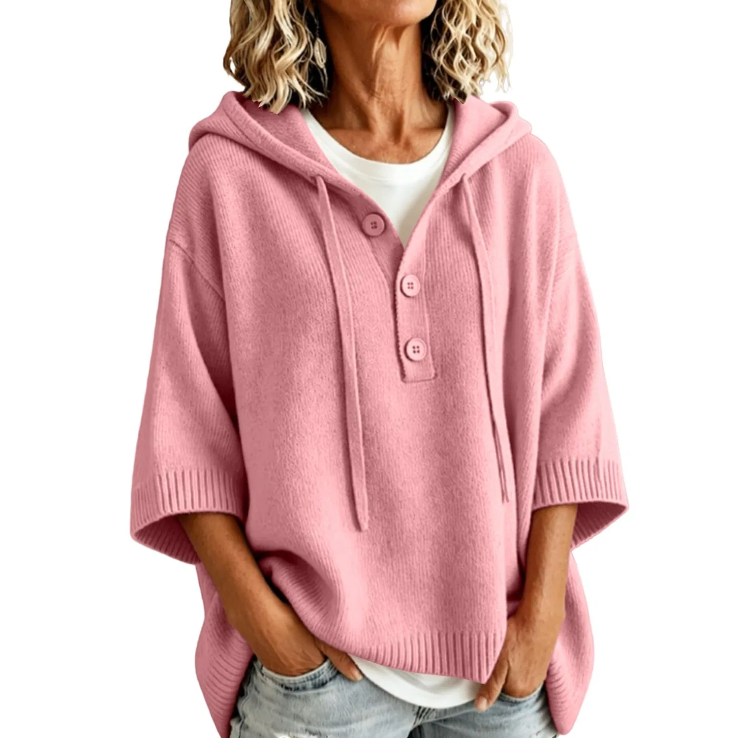 Женский худи с капюшоном и длинным рукавом, модель Henley Neck, Pink