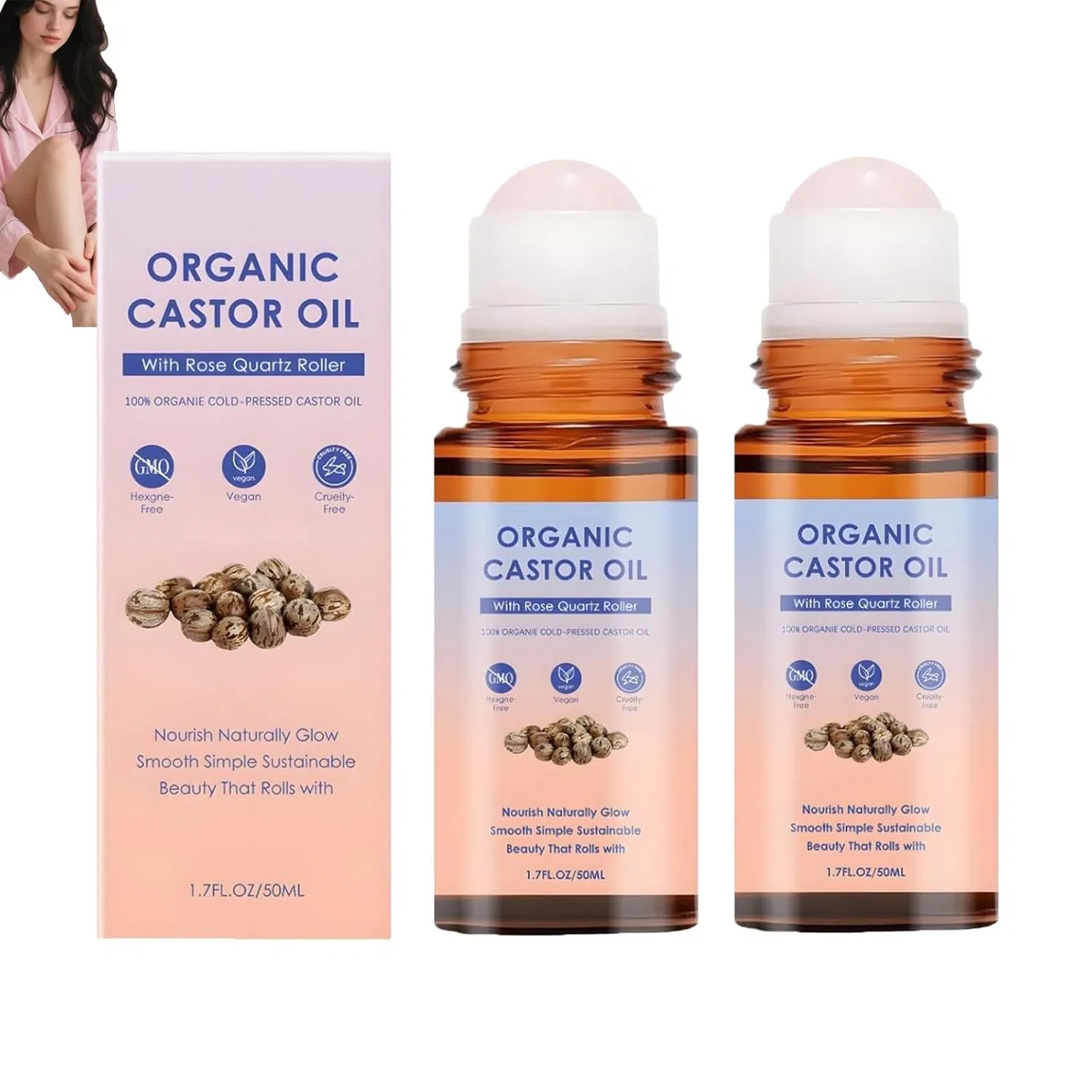 Масло для тела Organic Castor Oil with Rose Quartz Roller, Generisch, 2 шт., 50 мл, 2PC