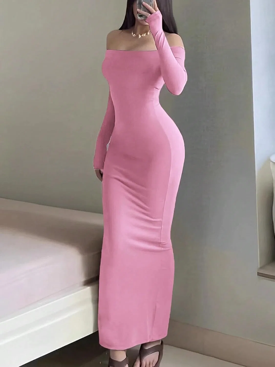 Женское облегающее платье с открытыми плечами Bodycon, Pink — фото 2
