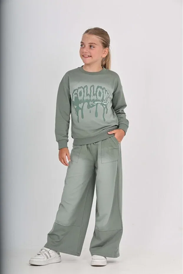 Детский комплект для девочек с принтом follow printed tracksuit set Toontoy, Green — фото 4
