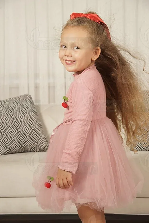 Детское платье для девочек с длинным рукавом Flexible and cherry tulle lined dress Neocotton, Long-Rose — фото 4