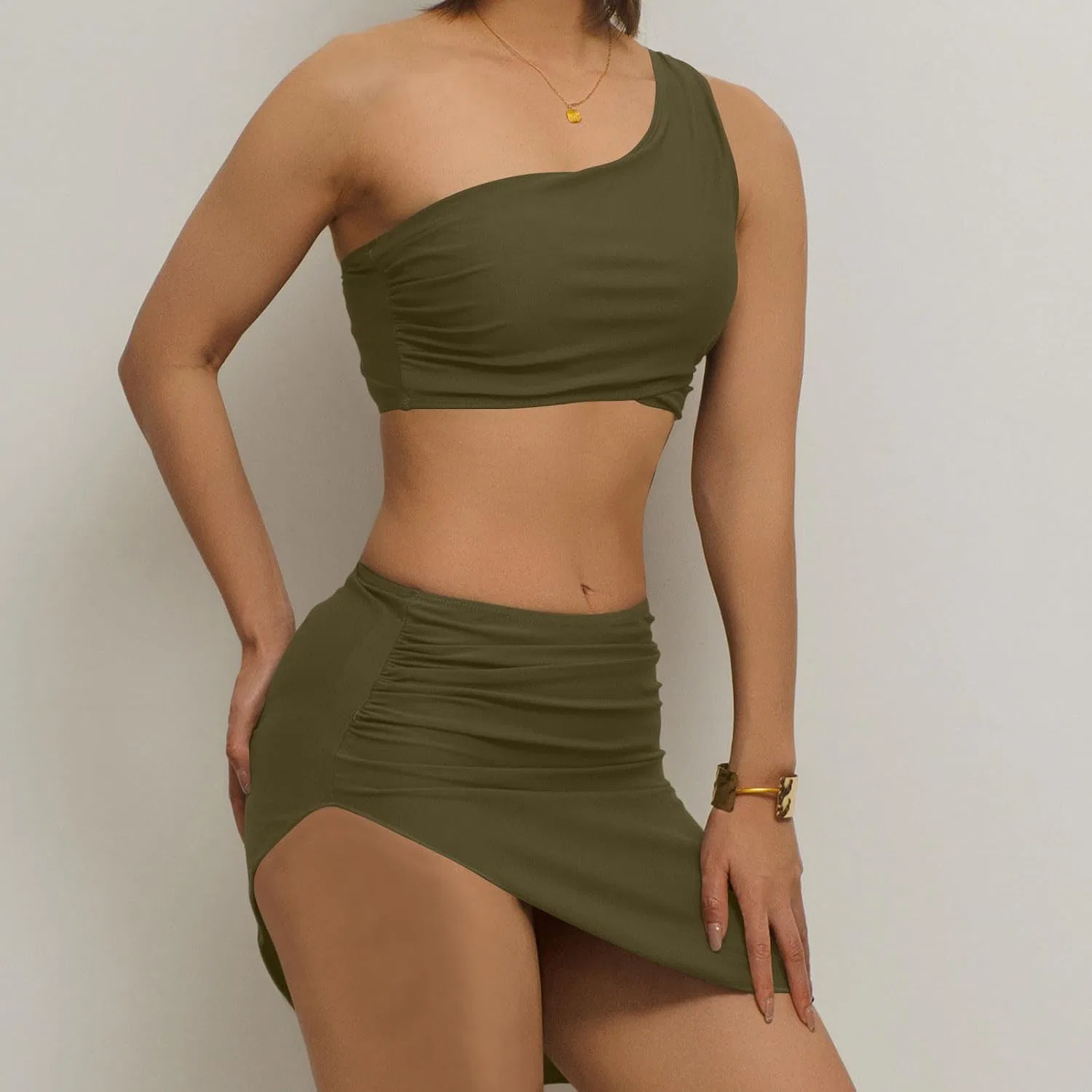 Женский бикини-сет с завышенной талией и юбкой, Army Green — фото 2