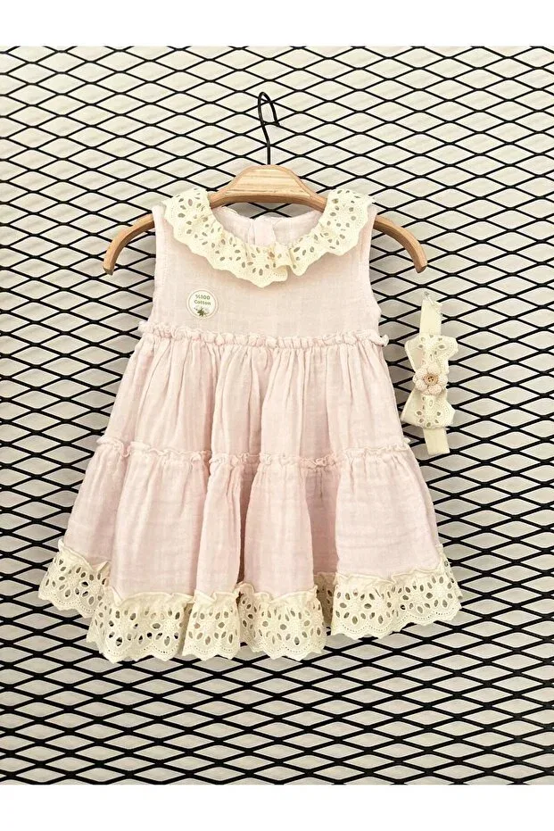 Детское платье для девочек с кружевом Muslin fisto collar bandaned baby girl dress Mutir, Pink — фото 2