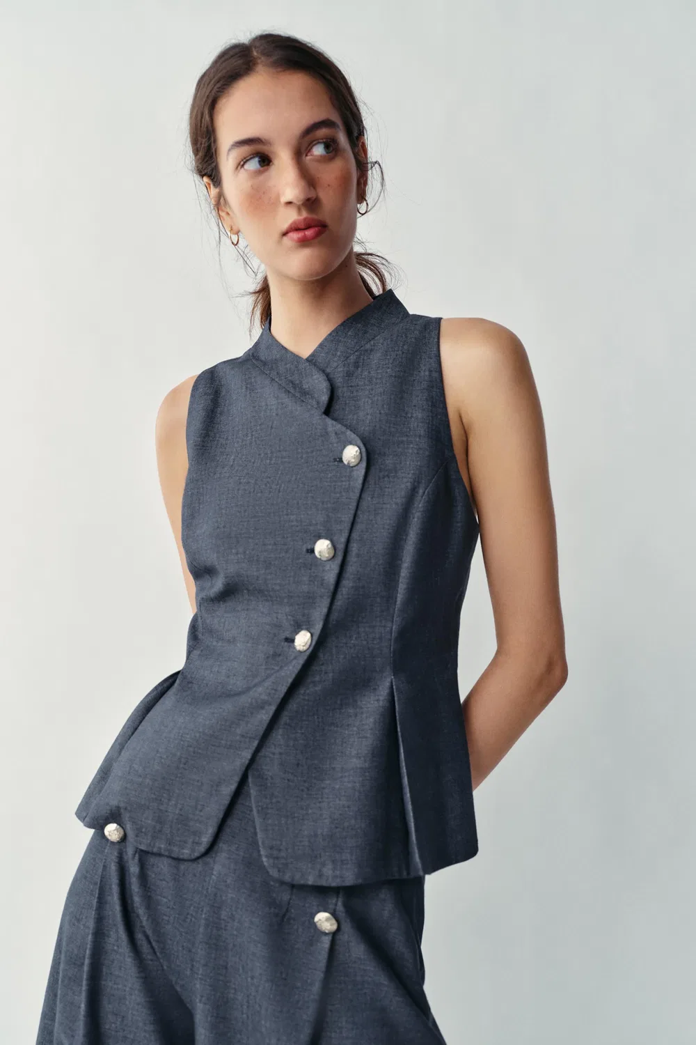 Двубортный жилет из льняной смеси ZARA, Indigo — фото 2