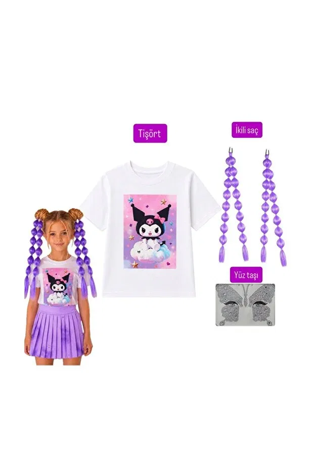 Детский комплект футболок для девочек с принтом Kuromi girl child printed t-shirt + purple kuromi babble hair + face stone 3-piece set Bemora Kids, Purple