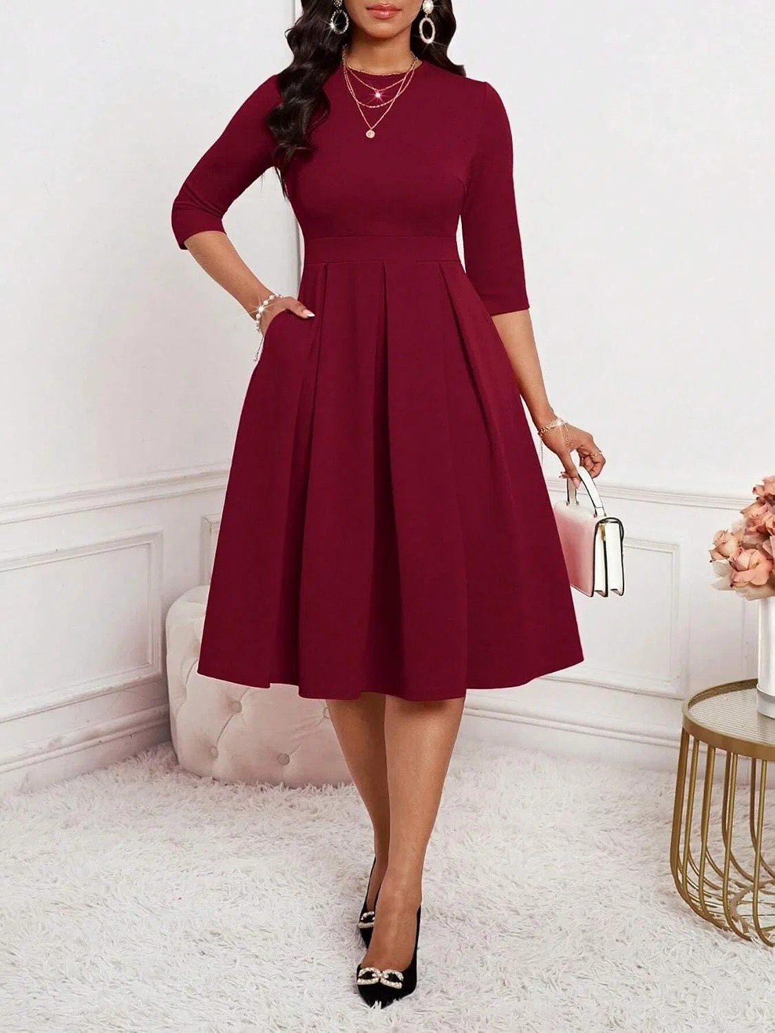 Женское платье A-силуэта с плиссе Generic, Burgundy — фото 3