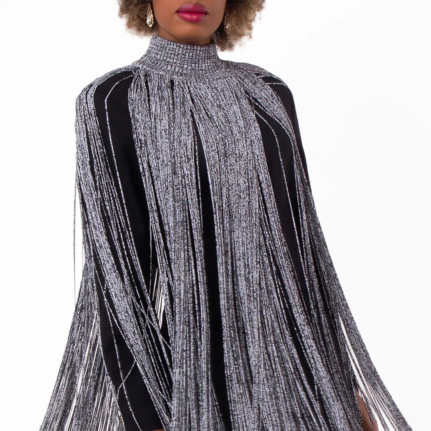 Накидка с бахромой Mouline Fringed Cape Burberry, Black/White — фото 2