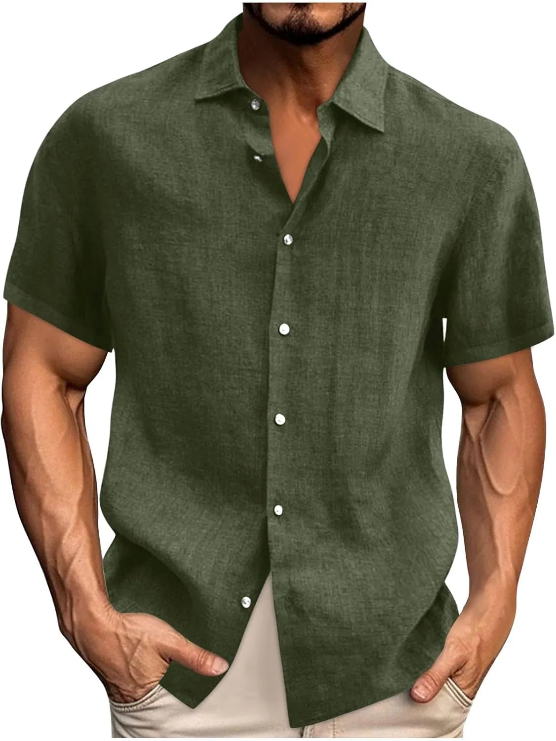 Мужская рубашка из хлопка и льна с коротким рукавом, Army Green