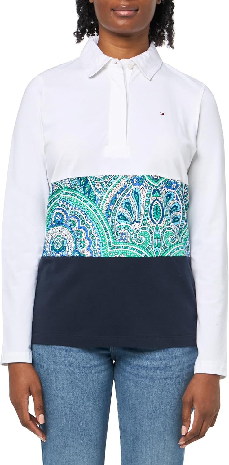 

Женское классическое поло с длинным рукавом и узором пейсли от Tommy Hilfiger, White Combo, Белый, Женское классическое поло с длинным рукавом и узором пейсли от Tommy Hilfiger, White Combo