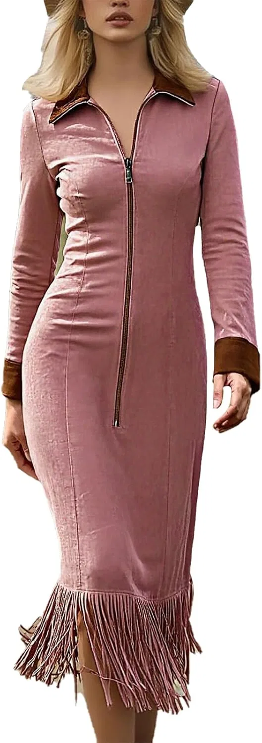 Женское длинное платье вестерн с рюшами из замши, Pink