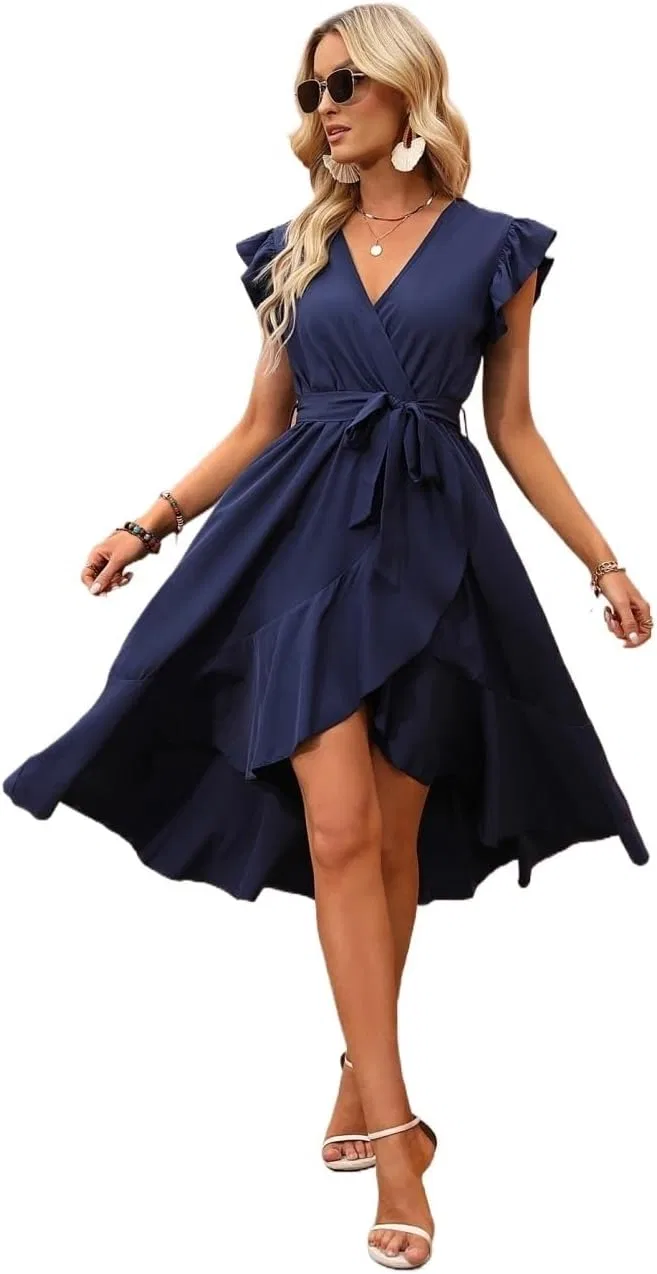 Женское повседневное платье миди с поясом и рюшами, Navy Blue