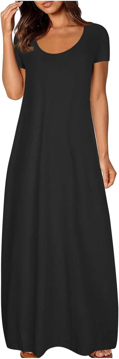 Женское летнее платье макси свободного кроя с коротким рукавом, Black