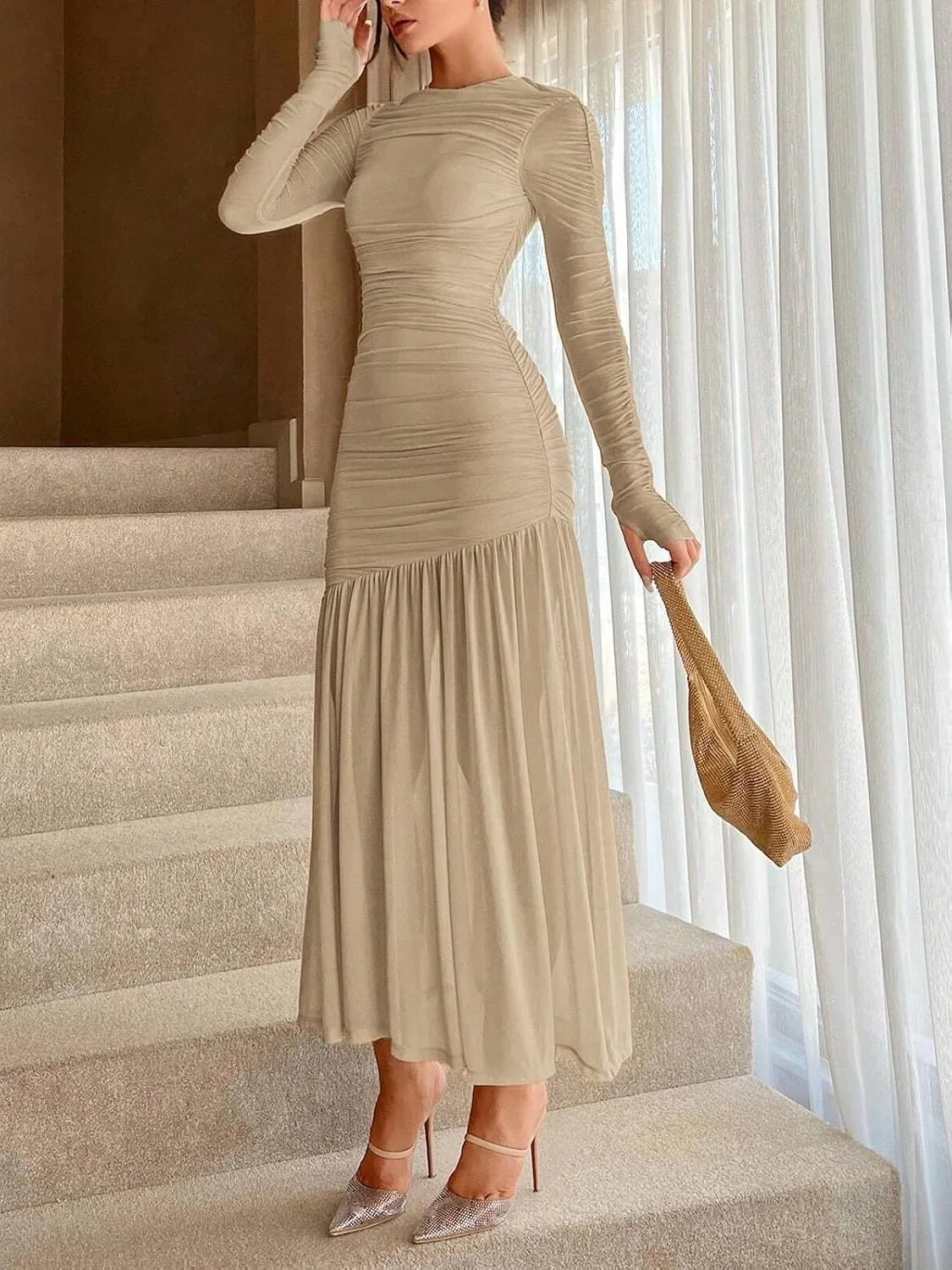 Женское длинное платье А-силуэта с длинным рукавом, Khaki — фото 3