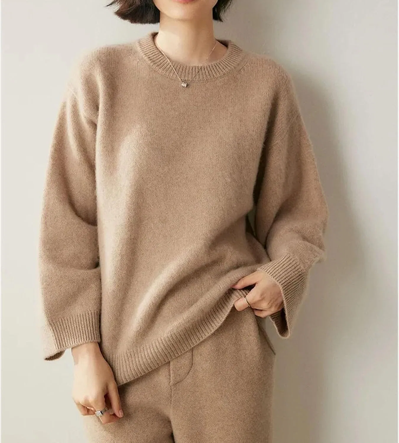 Женский пуловер с круглым вырезом, широким рукавом, Cashmere Sweater, Huashablue Gray — фото 3