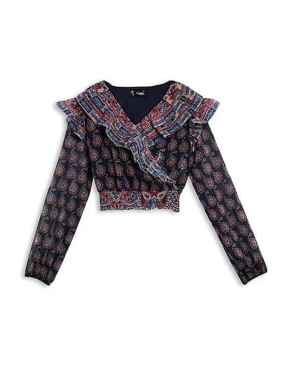 Детский топ с длинным рукавом с воланами и принтом пейсли Aqua, Navy Paisley